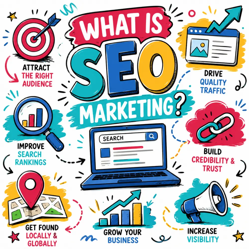 What is SEO marketing Doodle-style SEO marketing illustration showing search rankings, traffic growth, visibility, local search, backlinks, and business growth icons.