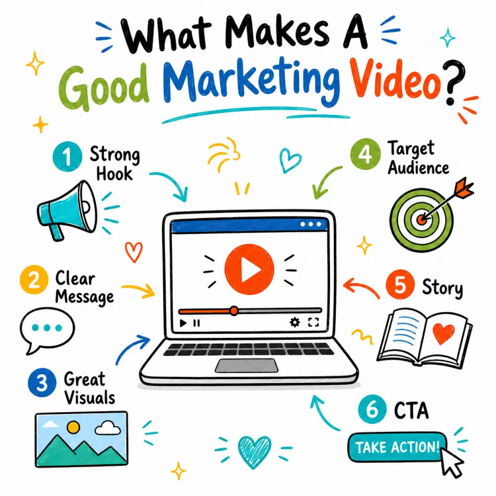 Colourful doodle-style graphic titled “What Makes A Good Marketing Video?” featuring a laptop video player surrounded by icons for a strong hook, clear message, great visuals, target audience, storytelling and call to action.