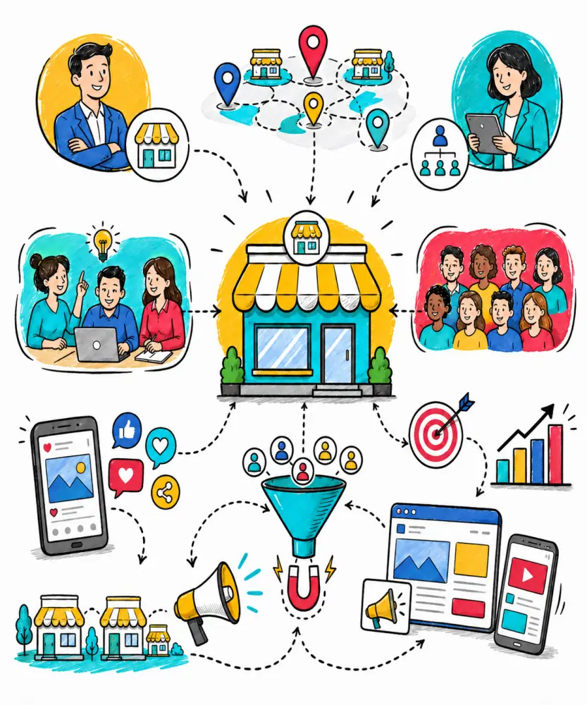 Doodle-style franchise marketing service illustration with franchise store, business owners, growth icons, target audience and multi-location branding.