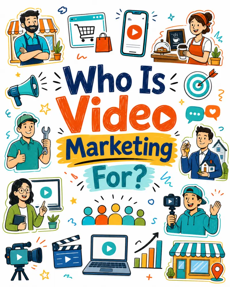 Doodle-style illustration titled “Who Is Video Marketing For?” showing a laptop video player connected to icons for small businesses, large companies, marketers, educators and non-profit organisations.