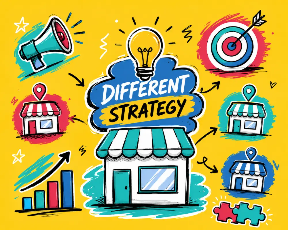 Doodle-style franchise marketing illustration with a central store connected to multiple franchise locations, marketing icons, charts and strategy symbols.