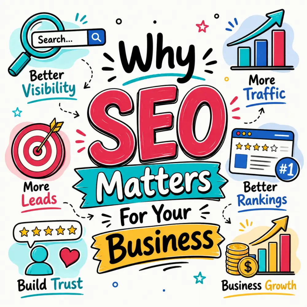 Why SEO matters for your business Doodle-style illustration showing why SEO matters for business, with icons for visibility, traffic, leads, rankings, trust, and business growth.