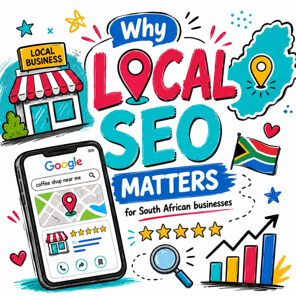 Why local SEO matters in South Africa Doodle style illustration showing why Local SEO matters for South African businesses, with a local shop, Google search result, map pin, South African flag, review stars and growth chart in bright pink, teal, blue and yellow colours.