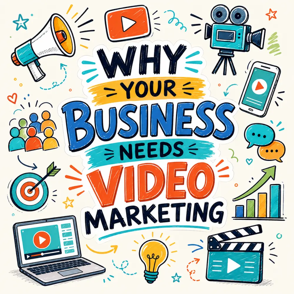 Doodle-style illustration with the heading “Why Your Business Needs Video Marketing” surrounded by icons like a megaphone, camera, phone, laptop, audience, target, chart and clapperboard.