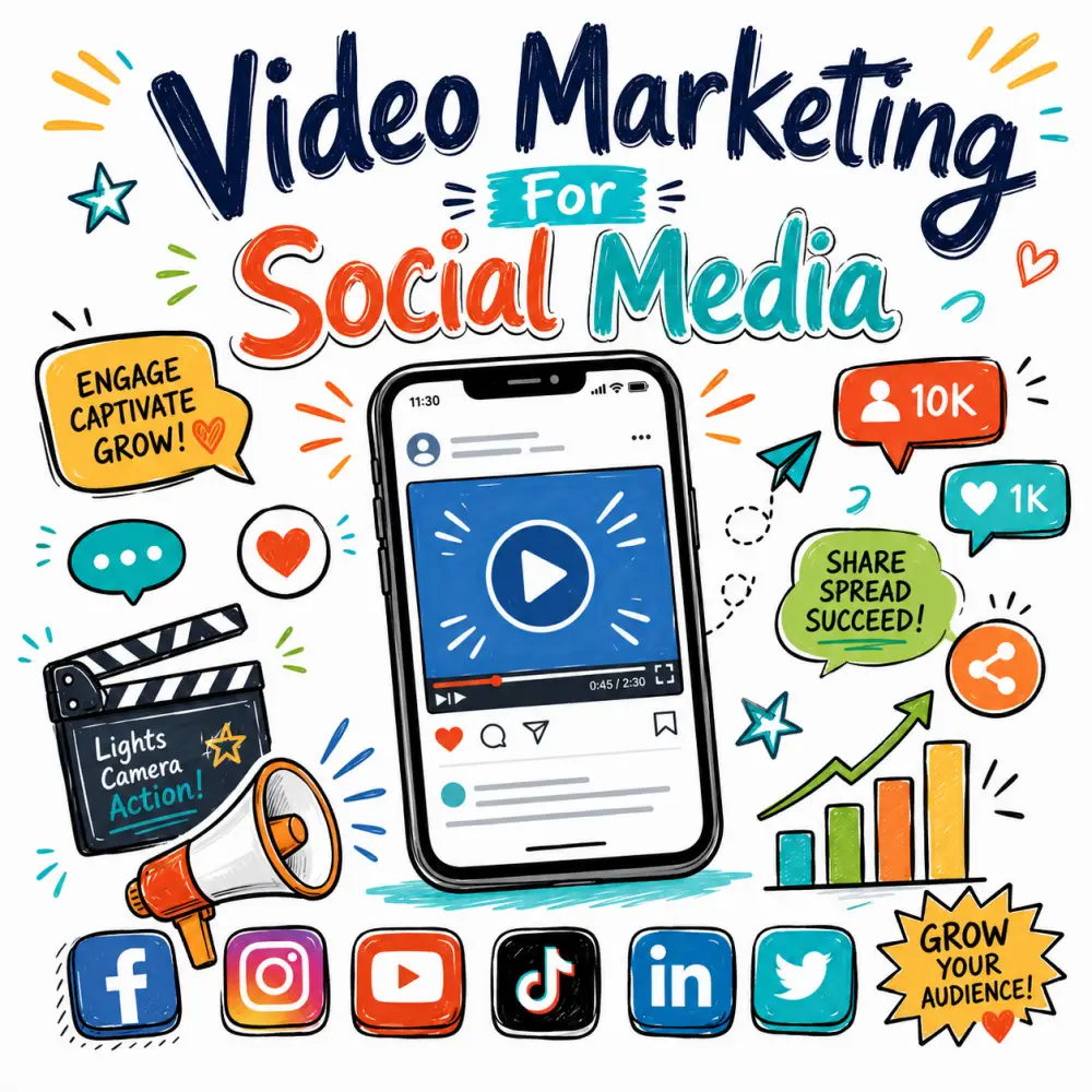 Colourful doodle-style graphic titled “Video Marketing For Social Media” featuring a smartphone video post, social media icons, engagement bubbles, a megaphone, clapperboard and growth chart.