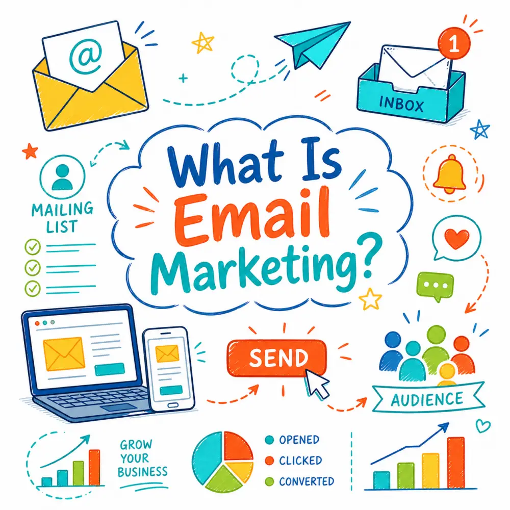 what is email marketing What Is Email Marketing doodle illustration with envelopes, inbox icons, send button, audience symbols and email campaign analytics.