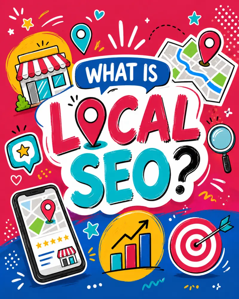 what is local seo new Doodle style illustration explaining Local SEO with location pins, map icons, a mobile search result, local business storefront, growth chart and target icon in bright pink, teal, blue and yellow colours.