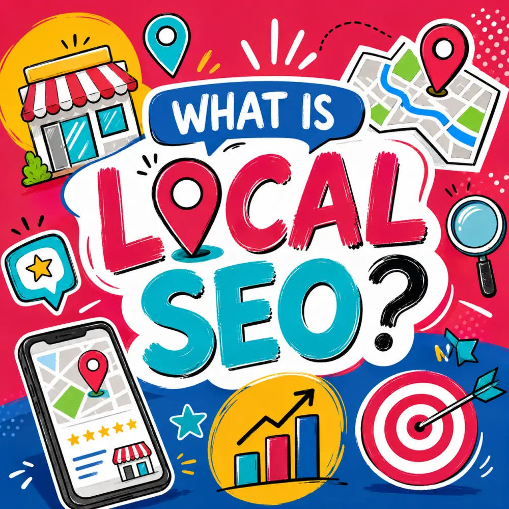 what is local seo Doodle style illustration explaining Local SEO with location pins, map icons, a mobile search result, local business storefront, growth chart and target icon in bright pink, teal, blue and yellow colours.