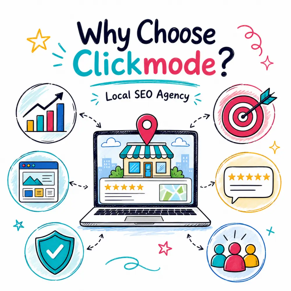 why choose clickmode for local seo Doodle-style image showing why businesses should choose Clickmode as their Local SEO agency, with local search, growth, reviews, website, and trust icons.