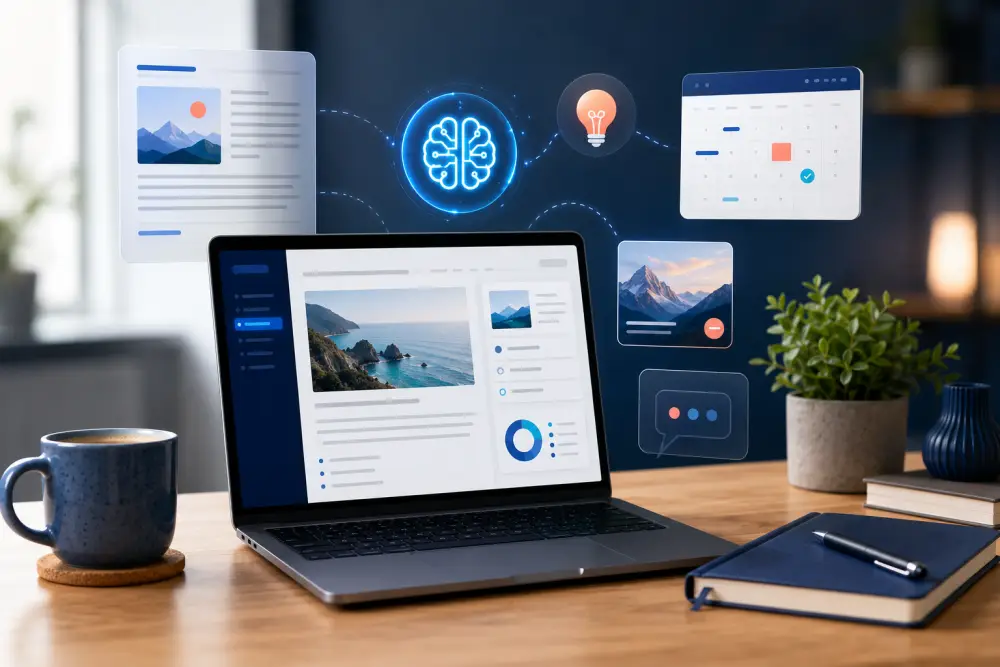 AI content creation Small-business owner using AI tools to plan marketing content.