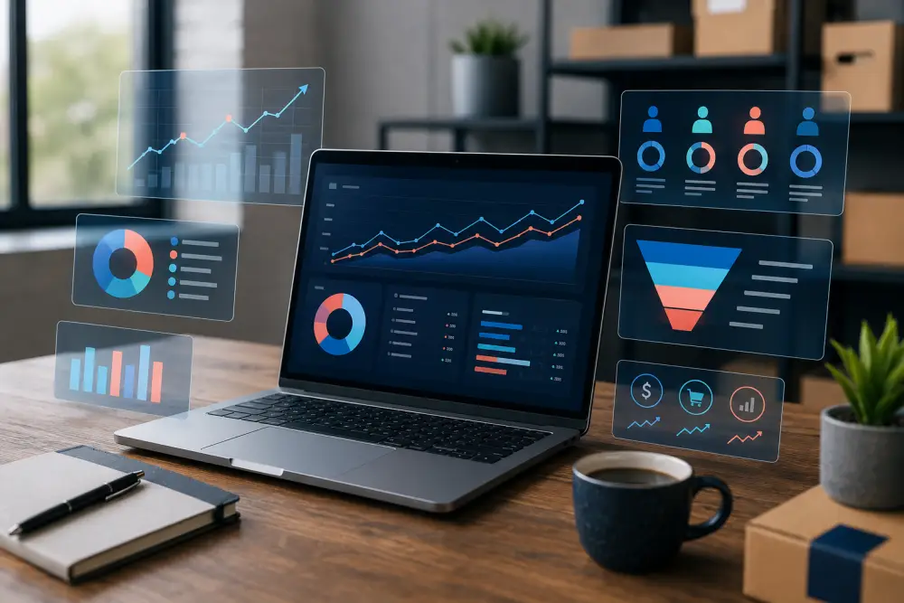 AI marketing analytics Small-business team using AI marketing analytics to evaluate campaign performance.