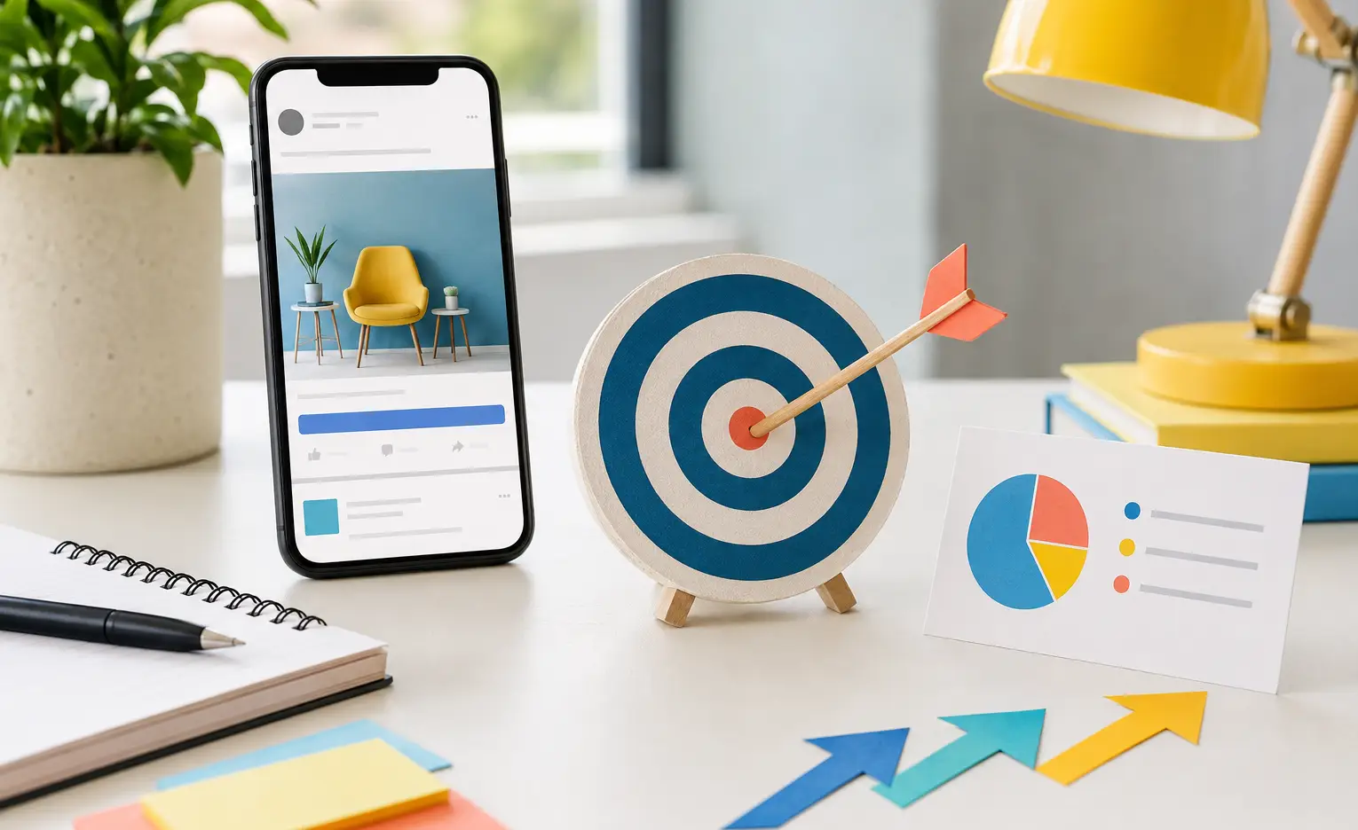 social-media-paid-boosting Smartphone and target illustrating paid social media boosting and audience targeting